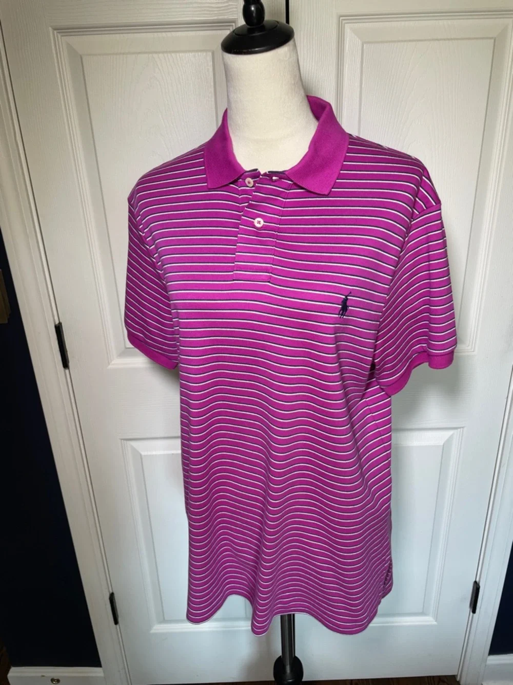 Polo Ralph Lauren Pink & White Striped Short Sleeve Polo Custom Fit Size Medium‎